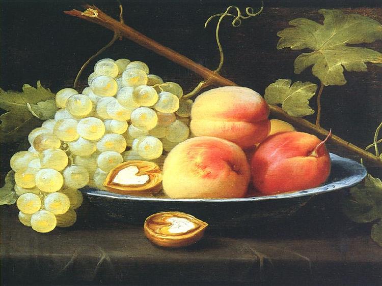 Jacob van Es Nature morte aux peches, raisins et noix sur un entablement oil painting image